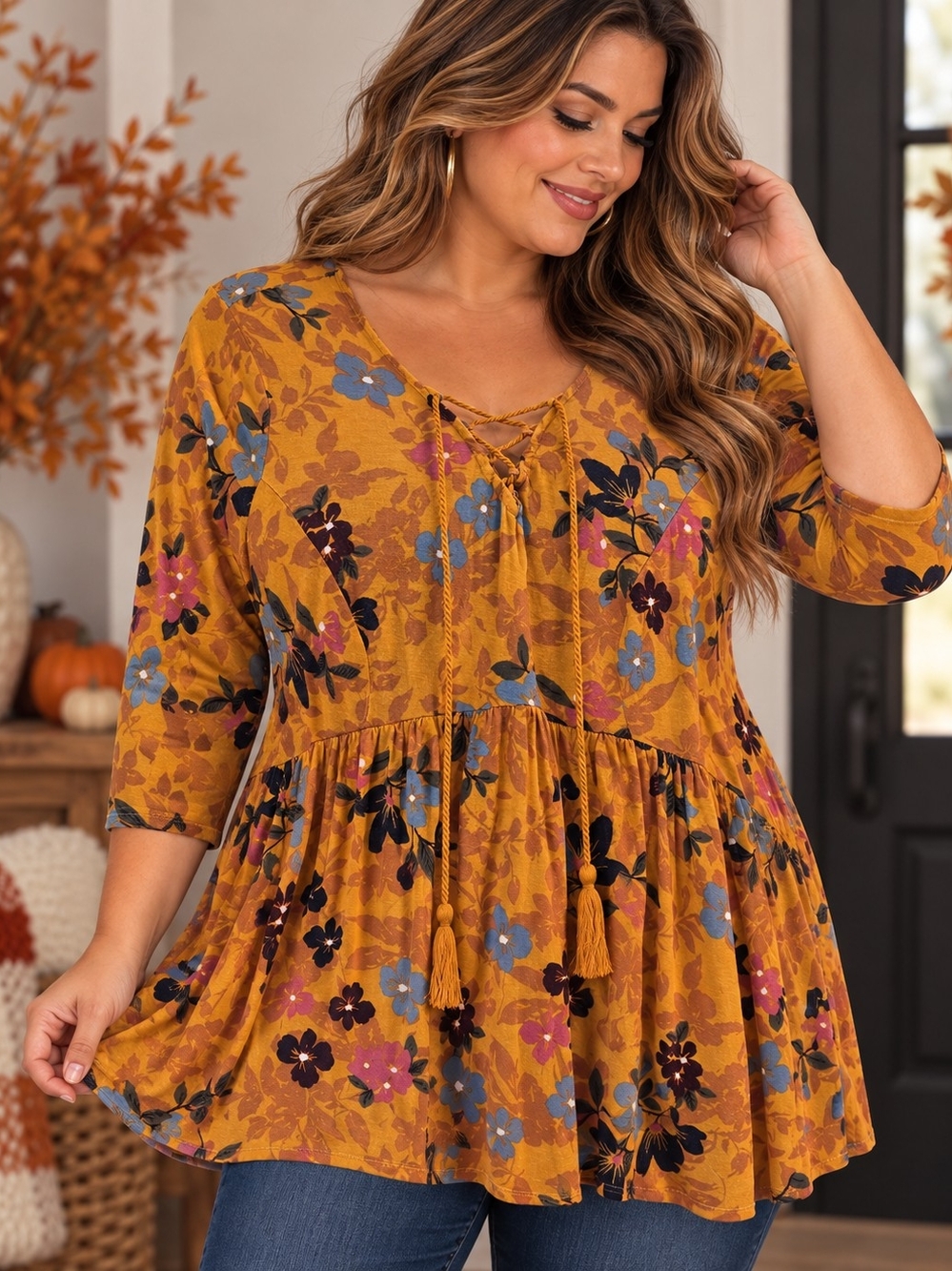 Terra & Sky 0X 14W Floral Lace Up Tassel Babydoll Tunic Top